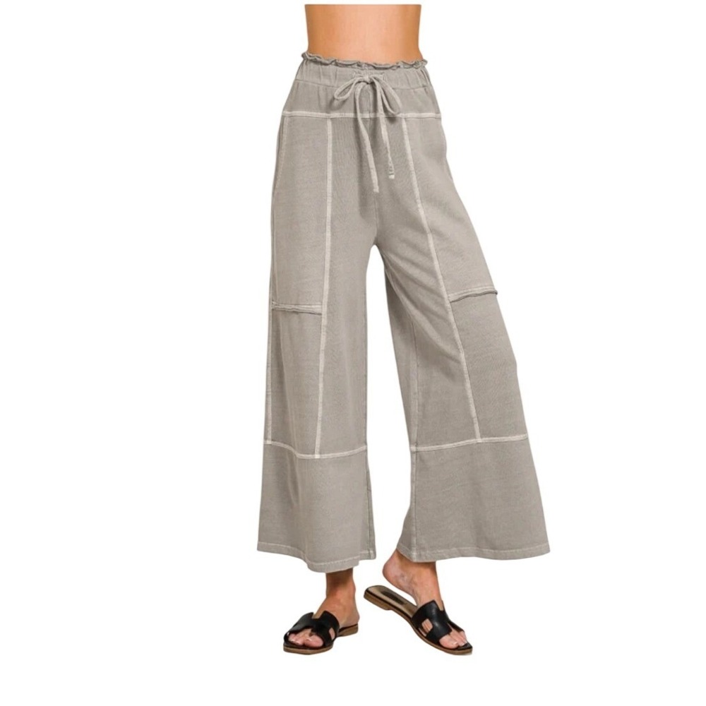 Zenana Women Large Taupe Mineral Wash Wide Leg Lounge Pants High Rise Drawstring